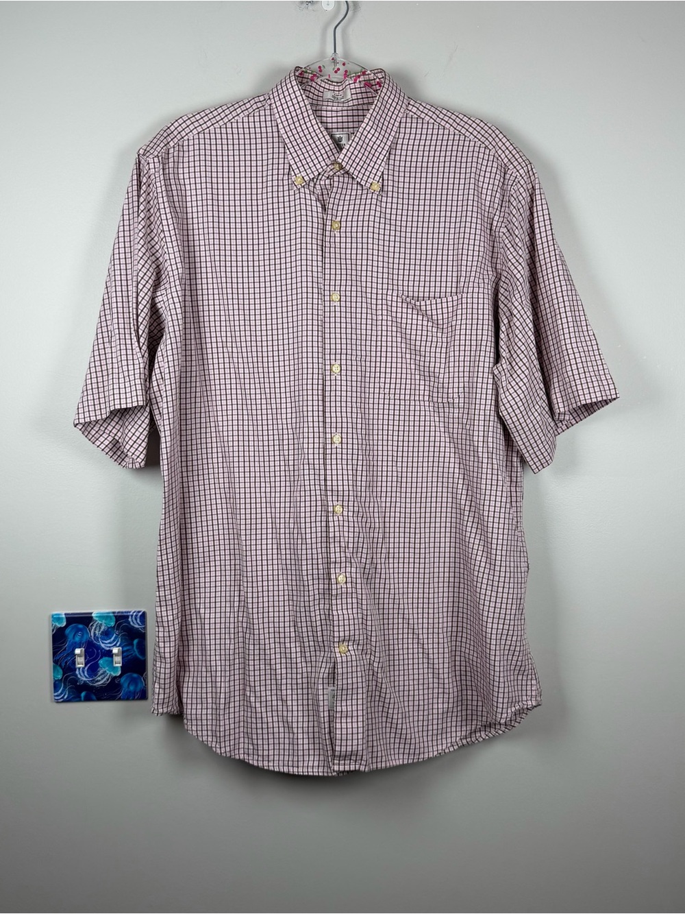 Peter Millar Pink Brown Checkered Cotton SS Button Down Preppy Work Shirt Large
